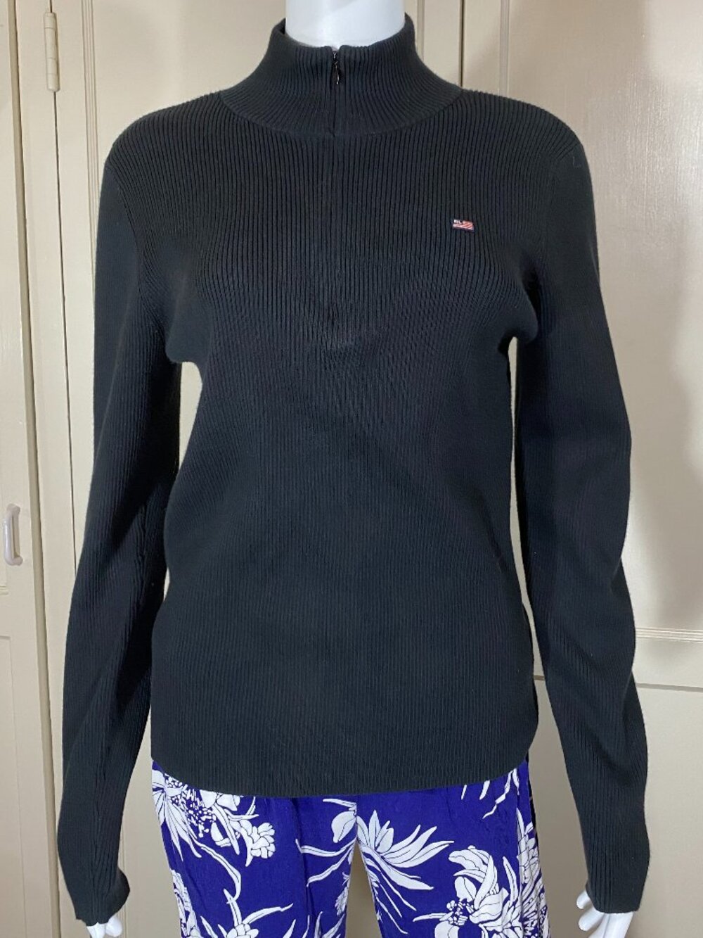 VTG RALPH LAUREN Polo Jeans Sweater Black Ribbed Red Stripe Mock Neck 1/4 Zip XL - Picture 4 of 10
